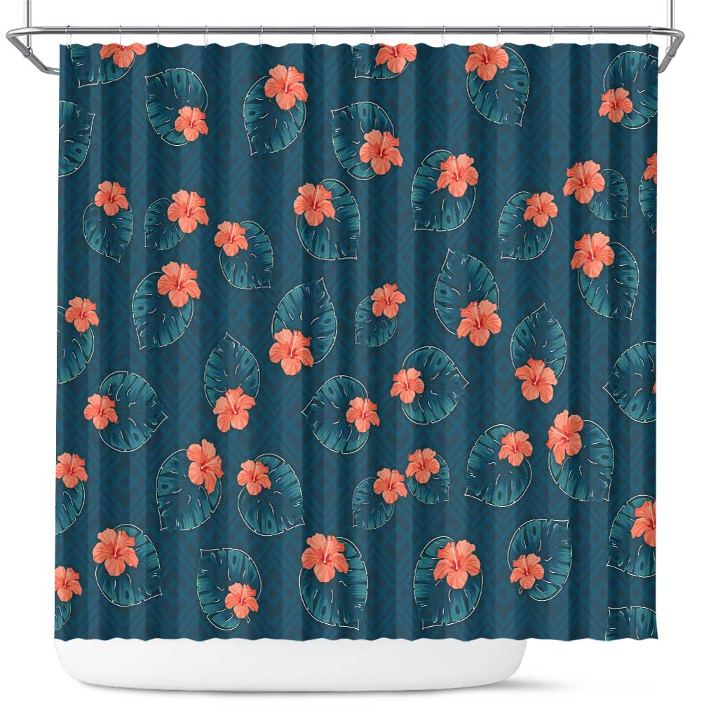 Hawaii Monstera Shower Curtain Hibiscus Flowers Simple Style DT05 Dark Teal - Polynesian Pride