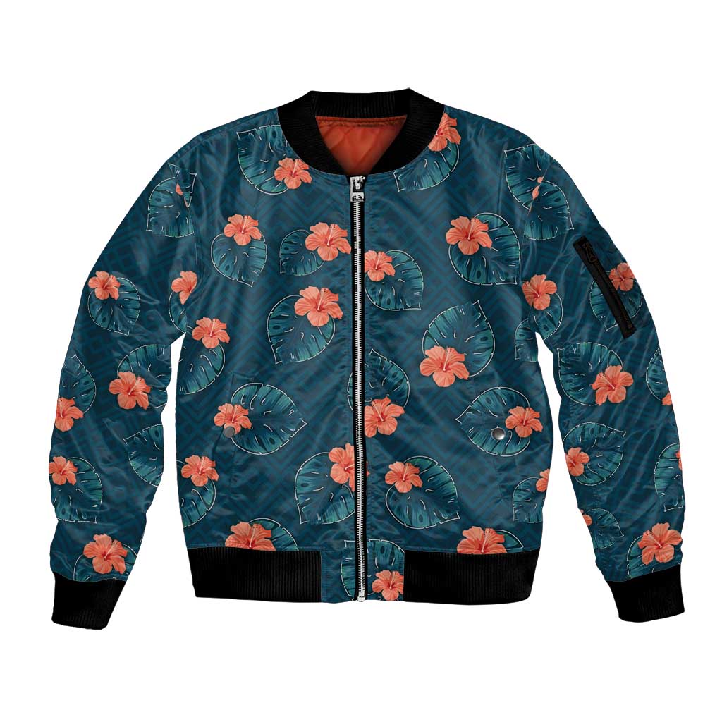 Hawaii Monstera Sleeve Zip Bomber Jacket Hibiscus Flowers Simple Style DT05 Unisex Dark Teal - Polynesian Pride