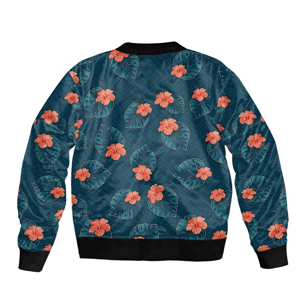 Hawaii Monstera Sleeve Zip Bomber Jacket Hibiscus Flowers Simple Style - Polynesian Pride