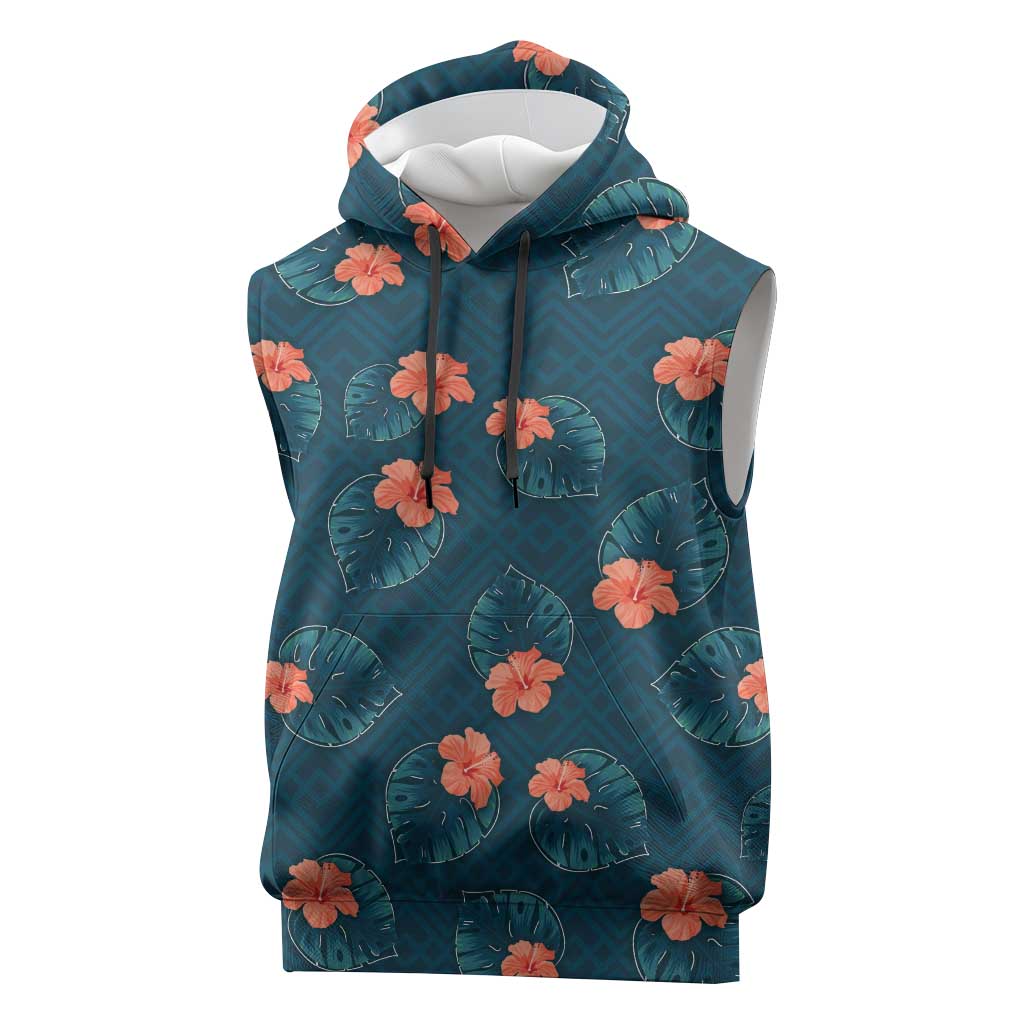 Hawaii Monstera Sleeveless Hoodie Hibiscus Flowers Simple Style DT05 Dark Teal - Polynesian Pride