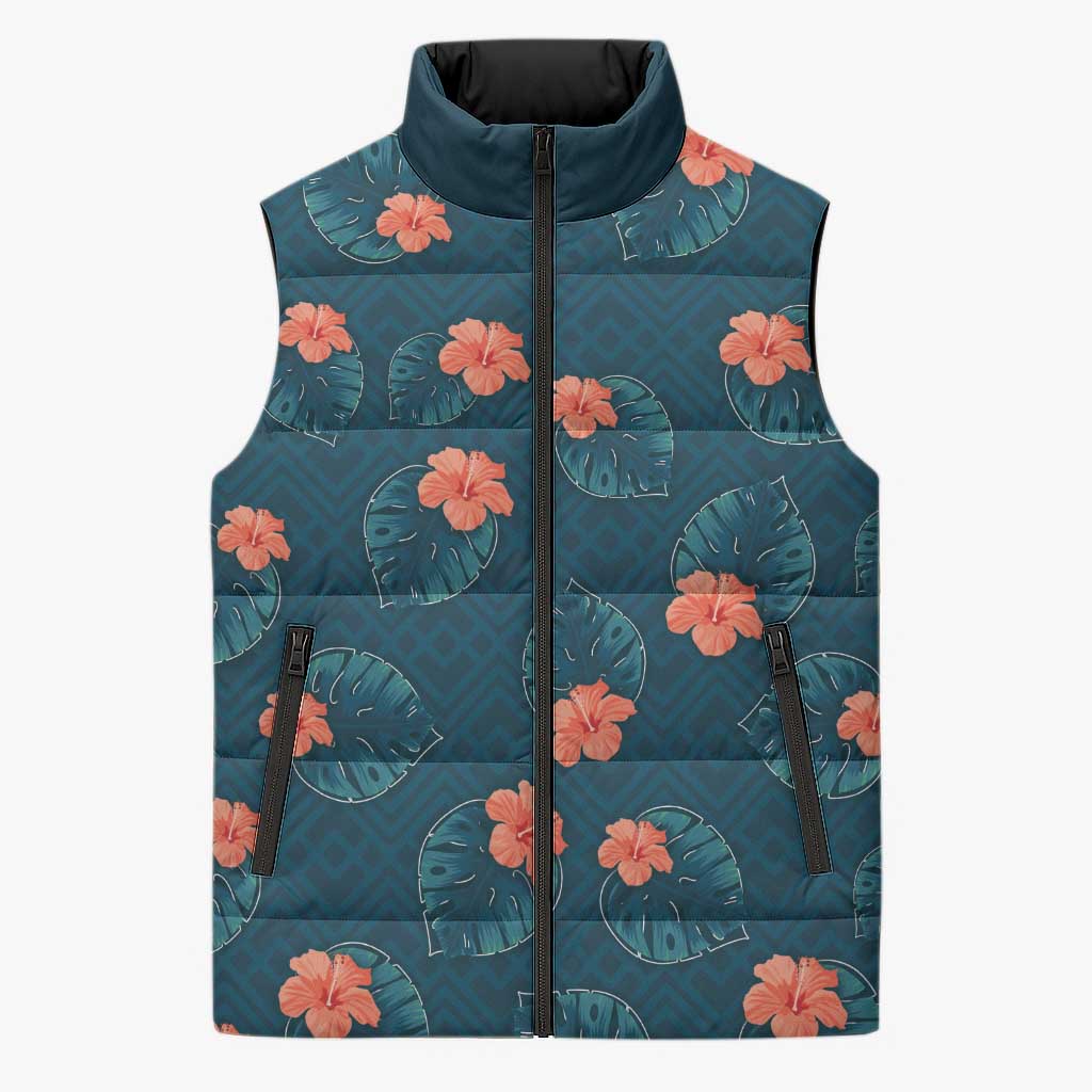 Hawaii Monstera Sleeveless Puffer Jacket Hibiscus Flowers Simple Style DT05 Unisex Dark Teal - Polynesian Pride