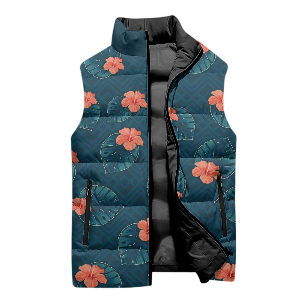 Hawaii Monstera Sleeveless Puffer Jacket Hibiscus Flowers Simple Style DT05 - Polynesian Pride