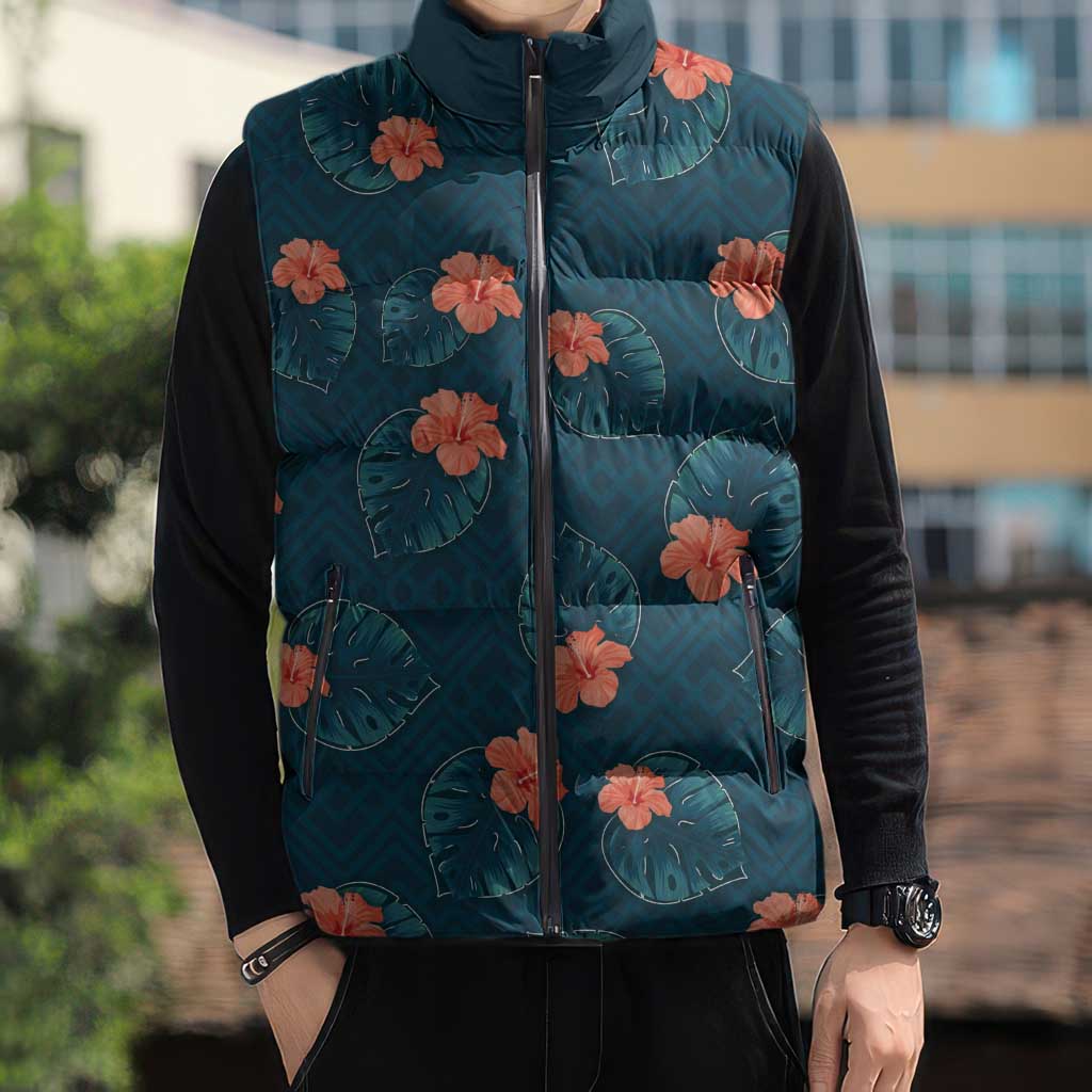 Hawaii Monstera Sleeveless Puffer Jacket Hibiscus Flowers Simple Style DT05 - Polynesian Pride