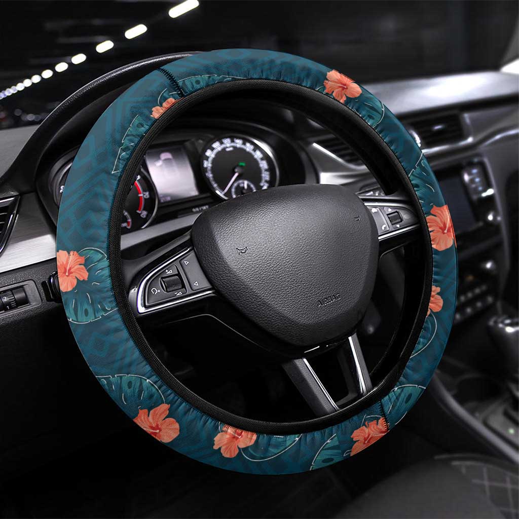 Hawaii Monstera Steering Wheel Cover Hibiscus Flowers Simple Style - Polynesian Pride