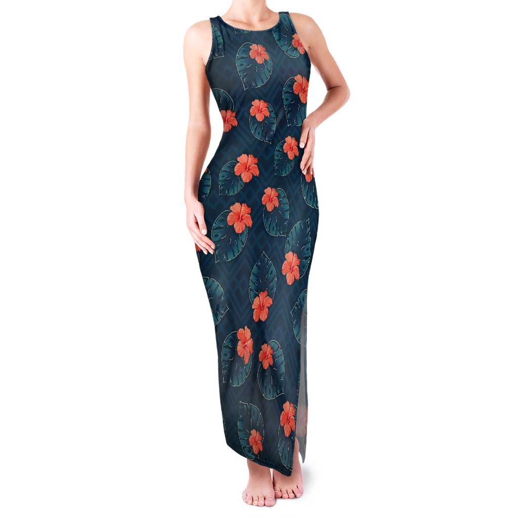 Hawaii Monstera Tank Maxi Dress Hibiscus Flowers Simple Style - Polynesian Pride