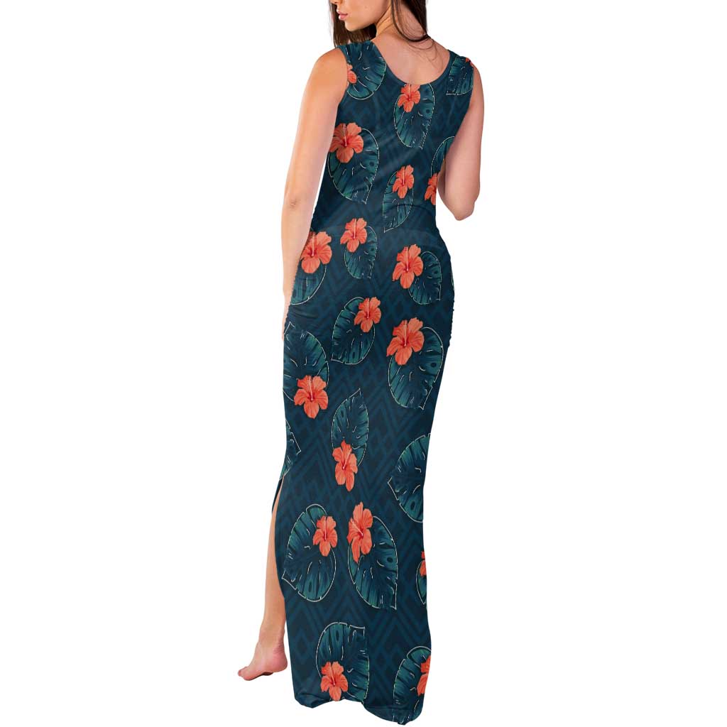 Hawaii Monstera Tank Maxi Dress Hibiscus Flowers Simple Style - Polynesian Pride