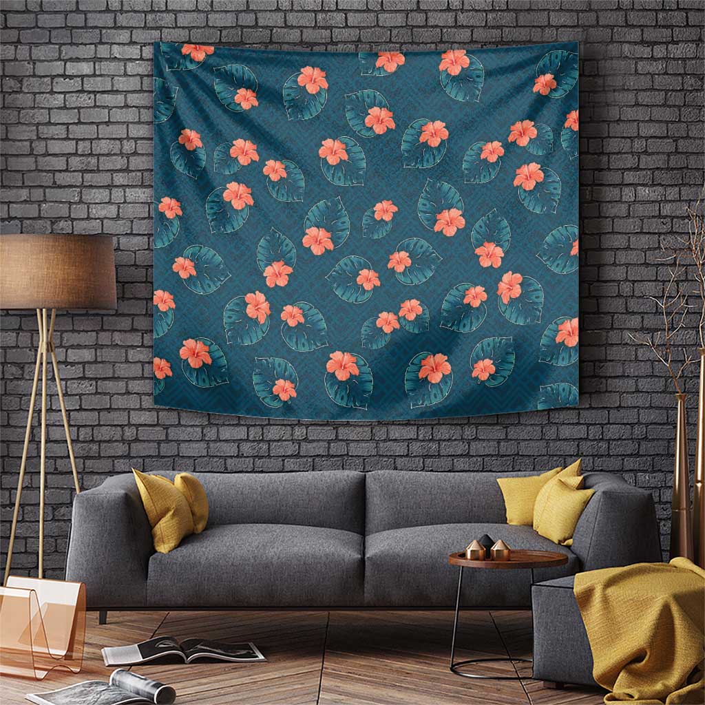 Hawaii Monstera Tapestry Hibiscus Flowers Simple Style DT05 Dark Teal - Polynesian Pride