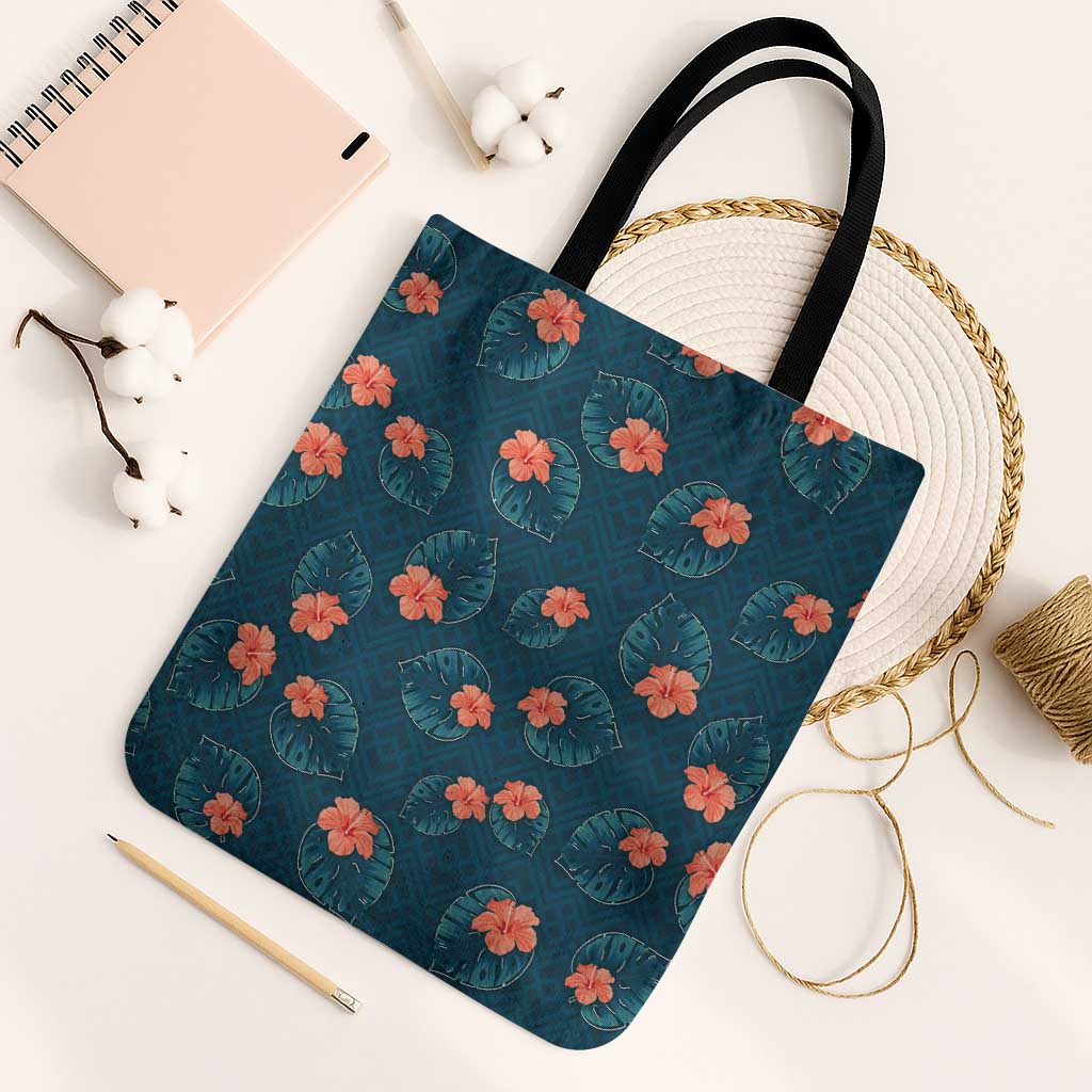 Hawaii Monstera Tote Bag Hibiscus Flowers Simple Style DT05 Black Strap One Size Dark Teal - Polynesian Pride