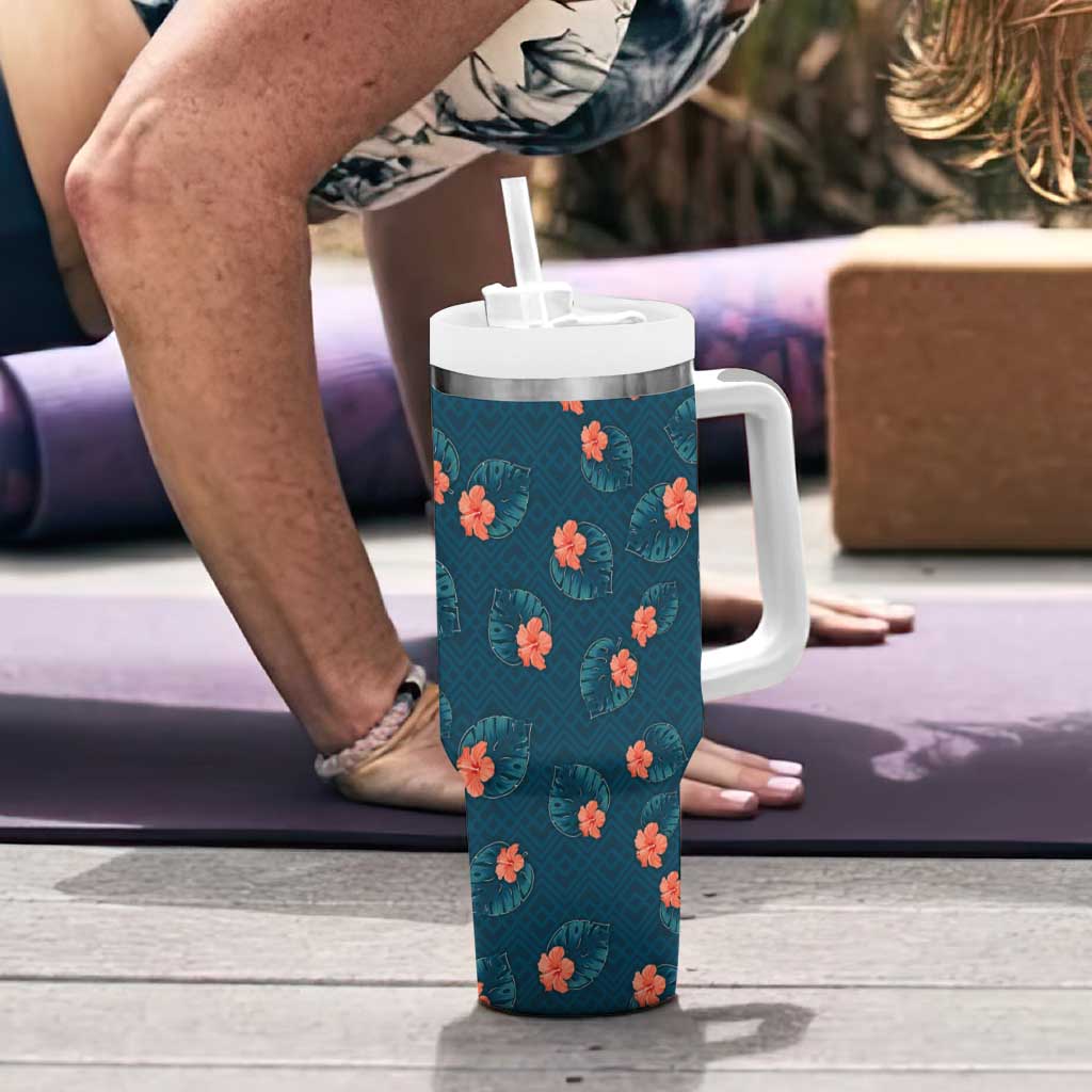 Hawaii Monstera Tumbler With Handle Hibiscus Flowers Simple Style - Polynesian Pride
