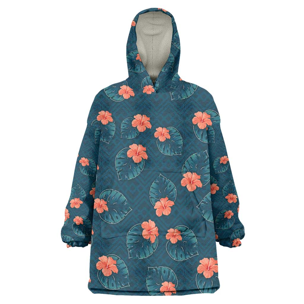 Hawaii Monstera Wearable Blanket Hoodie Hibiscus Flowers Simple Style DT05 One Size Dark Teal - Polynesian Pride