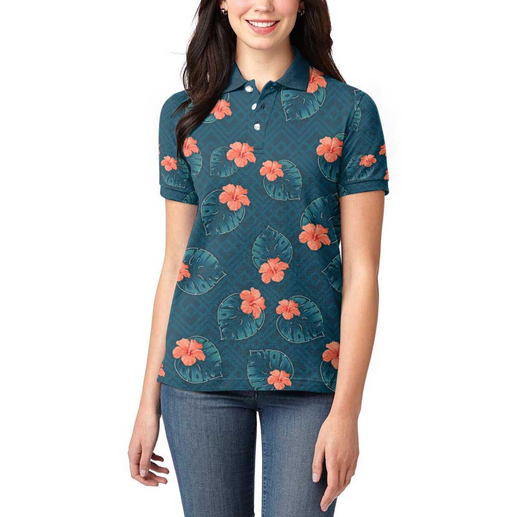 Hawaii Monstera Women Polo Shirt Hibiscus Flowers Simple Style - Polynesian Pride