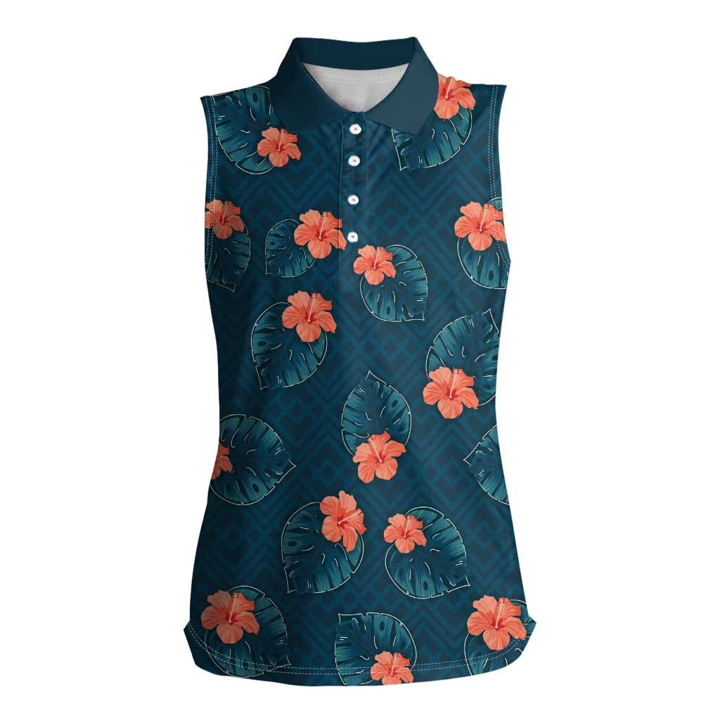 Hawaii Monstera Women Sleeveless Polo Shirt Hibiscus Flowers Simple Style DT05 Female Dark Teal - Polynesian Pride