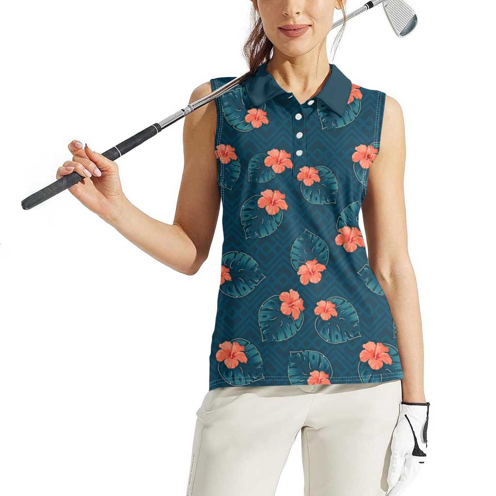 Hawaii Monstera Women Sleeveless Polo Shirt Hibiscus Flowers Simple Style DT05 - Polynesian Pride
