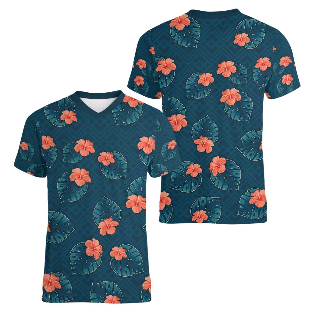 Hawaii Monstera Women V-Neck T-Shirt Hibiscus Flowers Simple Style DT05 - Polynesian Pride