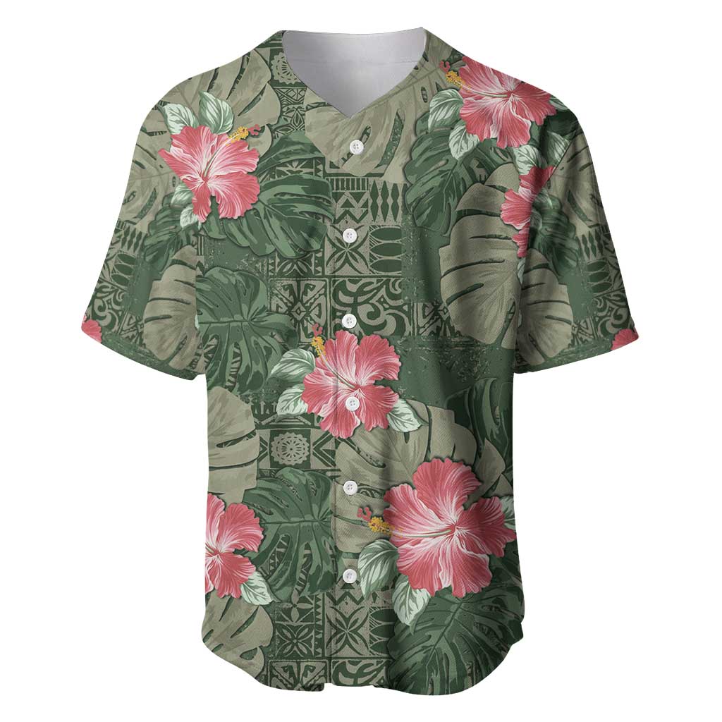 Hawaii Baseball Jersey Green Polynesian Monstera Patterns - Polynesian Pride