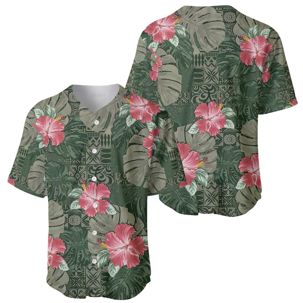 Hawaii Baseball Jersey Green Polynesian Monstera Patterns - Polynesian Pride