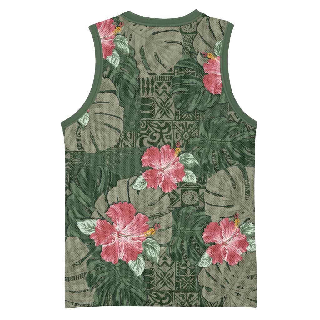 Hawaii Basketball Jersey Green Polynesian Monstera Patterns - Polynesian Pride