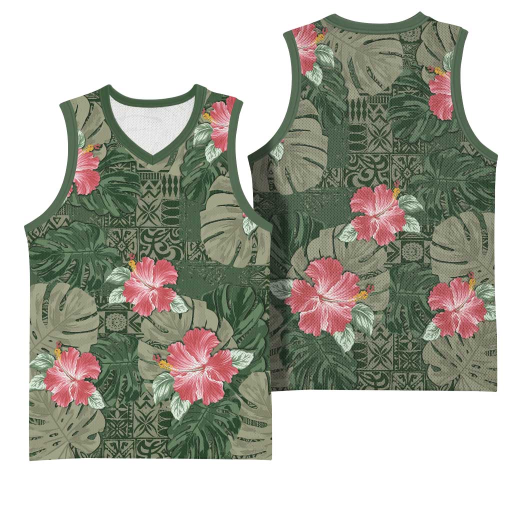 Hawaii Basketball Jersey Green Polynesian Monstera Patterns - Polynesian Pride