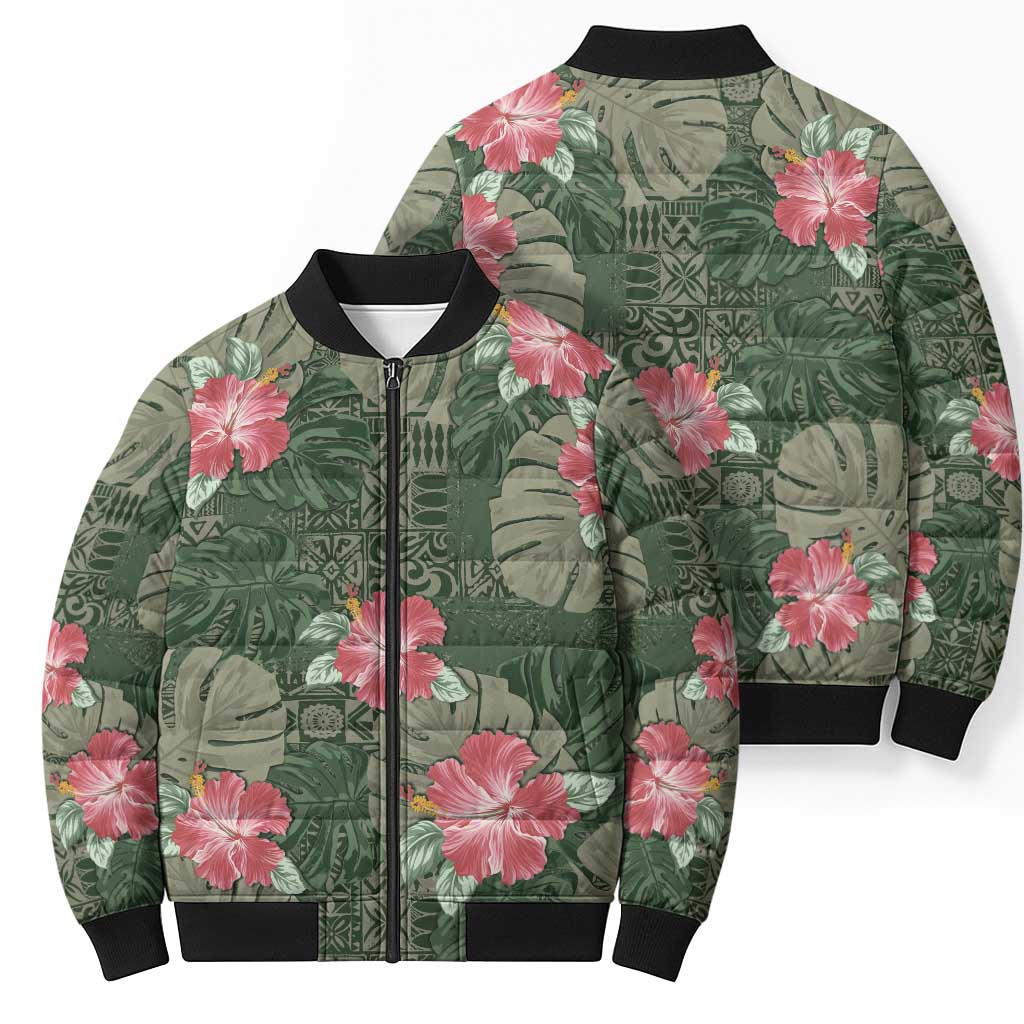 Hawaii Bomber Puffer Jacket Green Polynesian Monstera Patterns - Polynesian Pride