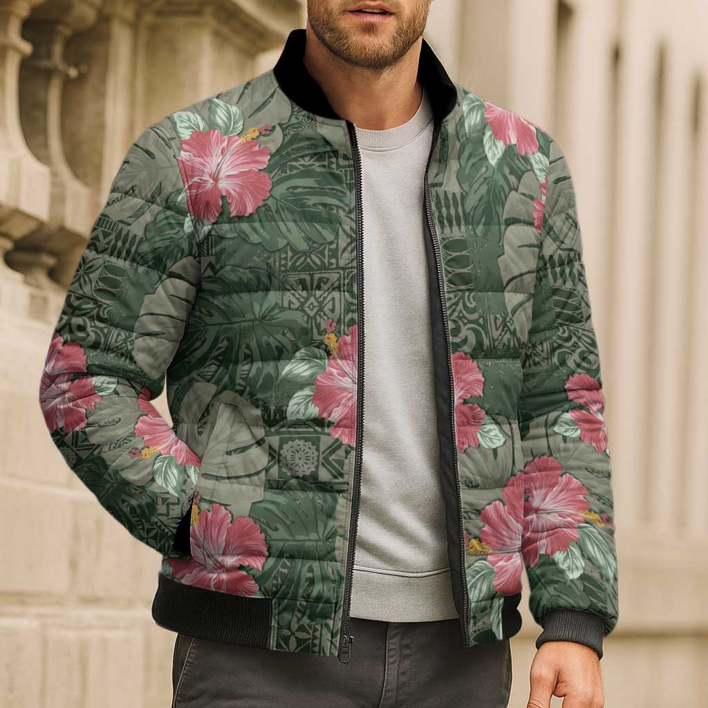 Hawaii Bomber Puffer Jacket Green Polynesian Monstera Patterns - Polynesian Pride