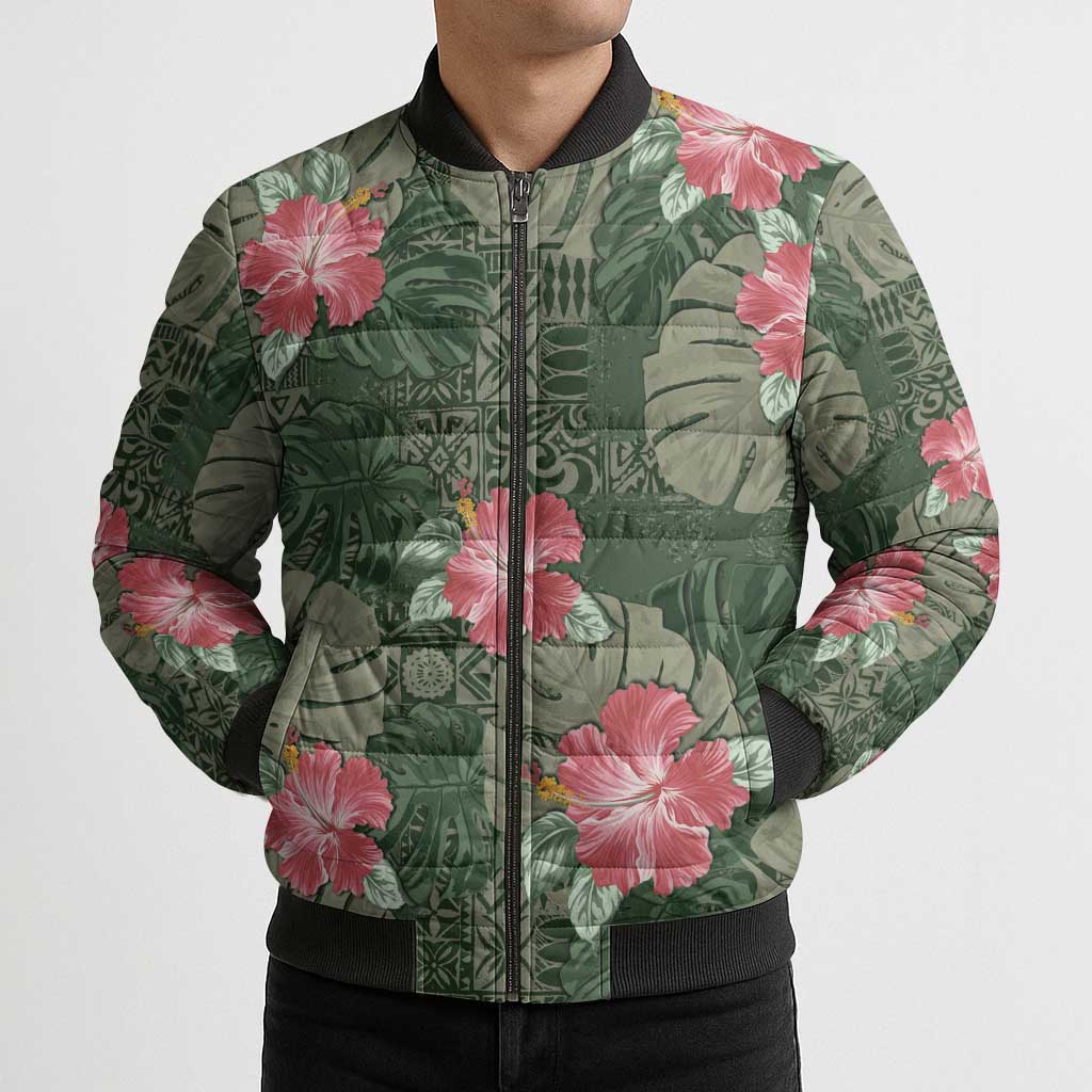 Hawaii Bomber Puffer Jacket Green Polynesian Monstera Patterns - Polynesian Pride