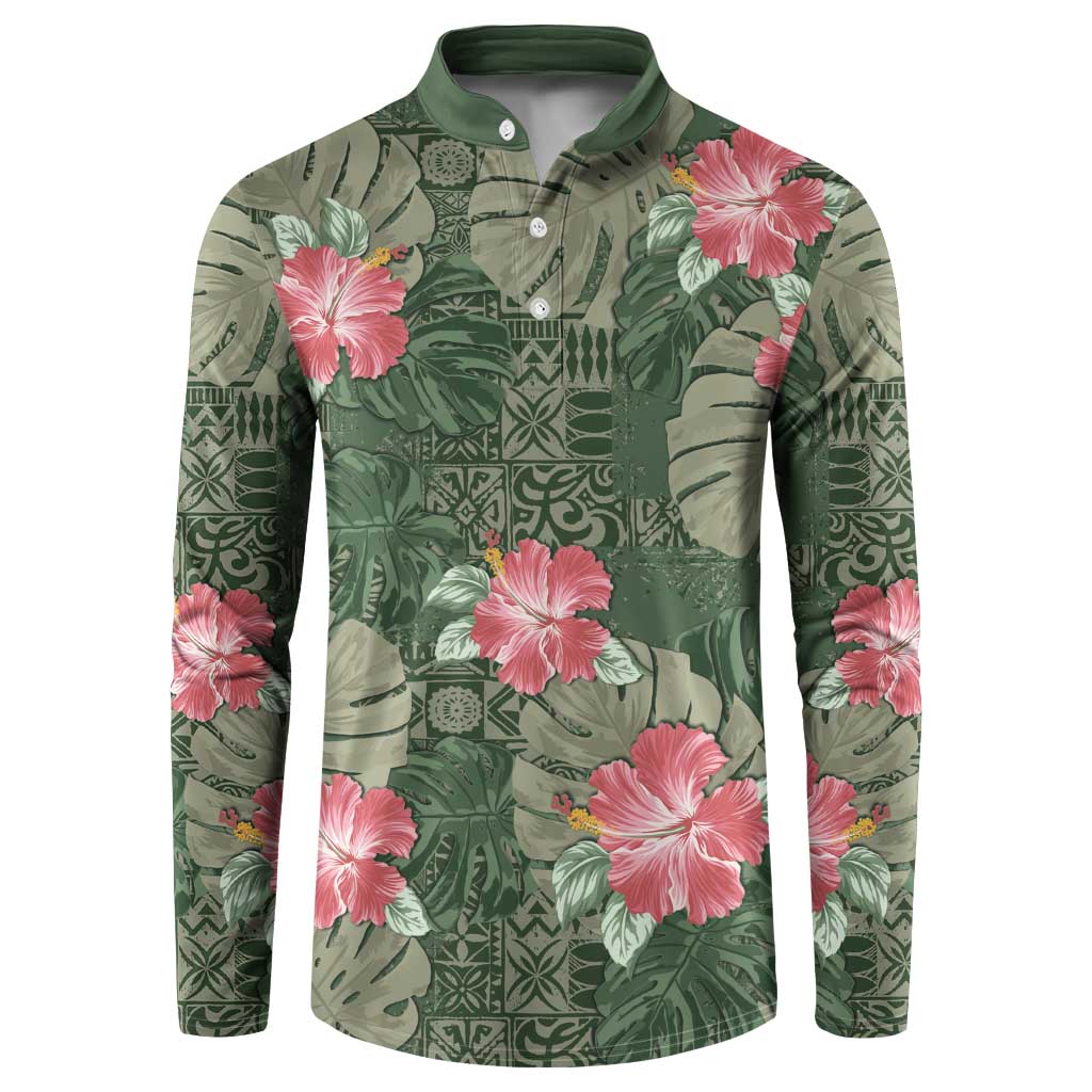 Hawaii Button Sweatshirt Green Polynesian Monstera Patterns - Polynesian Pride
