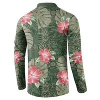 Hawaii Button Sweatshirt Green Polynesian Monstera Patterns - Polynesian Pride