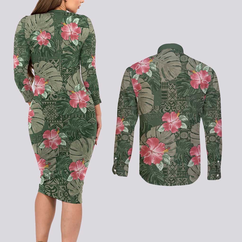 Hawaii Couples Matching Long Sleeve Bodycon Dress and Long Sleeve Button Shirt Green Polynesian Monstera Patterns - Polynesian Pride
