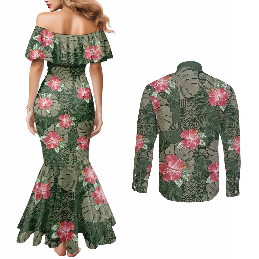 Hawaii Couples Matching Mermaid Dress and Long Sleeve Button Shirt Green Polynesian Monstera Patterns - Polynesian Pride