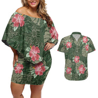 Hawaii Couples Matching Off Shoulder Short Dress and Hawaiian Shirt Green Polynesian Monstera Patterns - Polynesian Pride