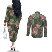 Hawaii Couples Matching Off The Shoulder Long Sleeve Dress and Long Sleeve Button Shirt Green Polynesian Monstera Patterns - Polynesian Pride