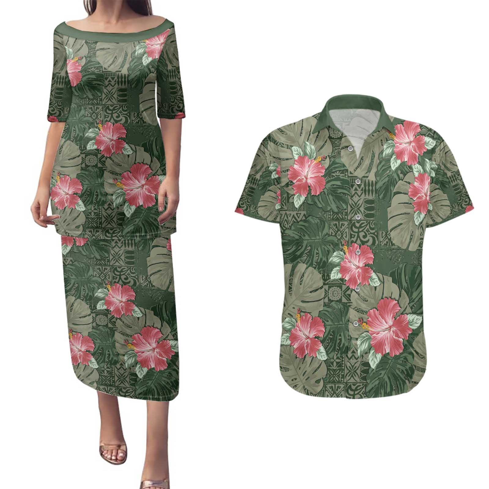 Hawaii Couples Matching Puletasi and Hawaiian Shirt Green Polynesian Monstera Patterns DT05 Green - Polynesian Pride