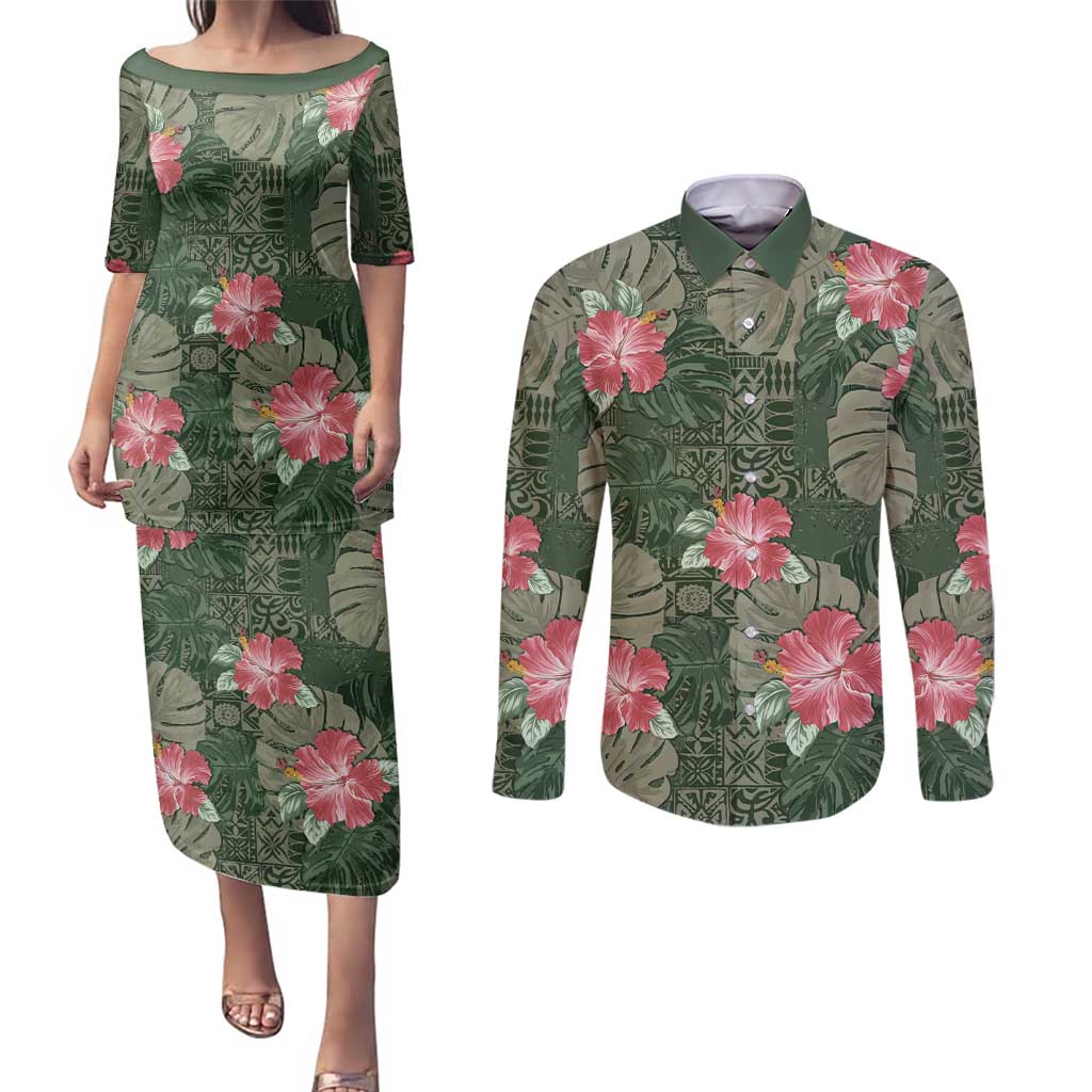Hawaii Couples Matching Puletasi and Long Sleeve Button Shirt Green Polynesian Monstera Patterns DT05 Green - Polynesian Pride