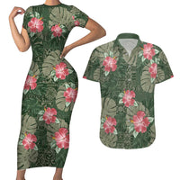 Hawaii Couples Matching Short Sleeve Bodycon Dress and Hawaiian Shirt Green Polynesian Monstera Patterns - Polynesian Pride