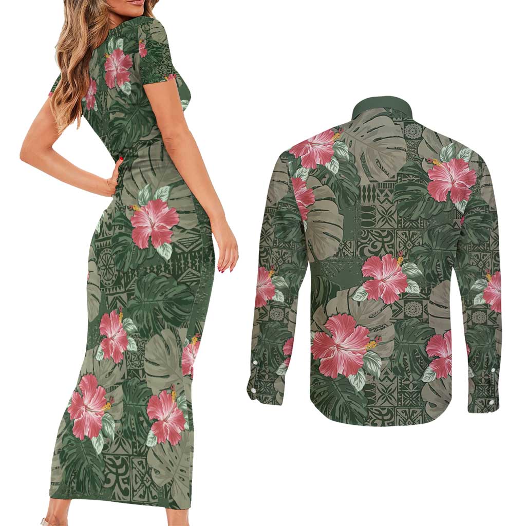 Hawaii Couples Matching Short Sleeve Bodycon Dress and Long Sleeve Button Shirt Green Polynesian Monstera Patterns - Polynesian Pride