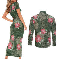 Hawaii Couples Matching Short Sleeve Bodycon Dress and Long Sleeve Button Shirt Green Polynesian Monstera Patterns - Polynesian Pride