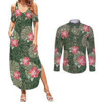 Hawaii Couples Matching Summer Maxi Dress and Long Sleeve Button Shirt Green Polynesian Monstera Patterns - Polynesian Pride