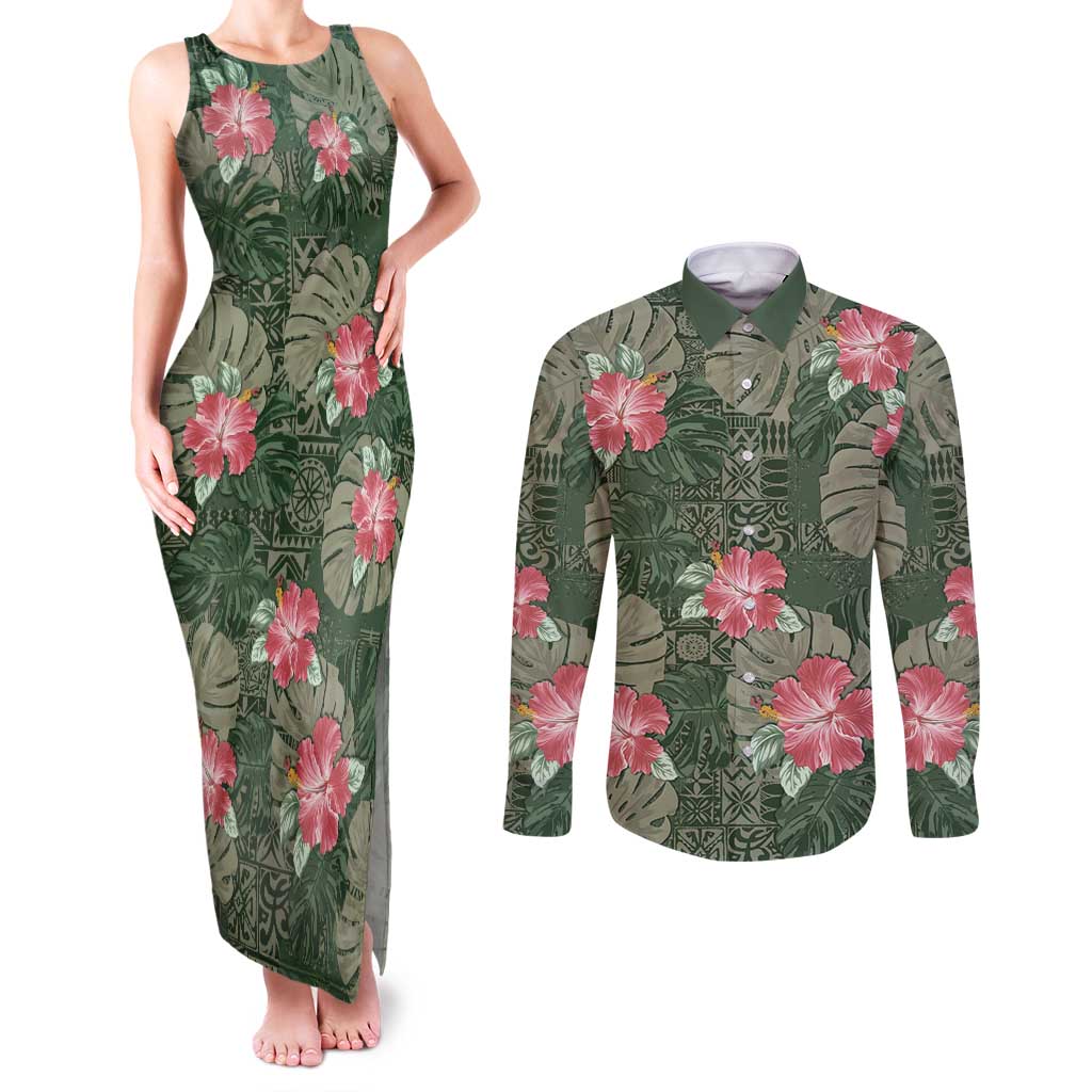 Hawaii Couples Matching Tank Maxi Dress and Long Sleeve Button Shirt Green Polynesian Monstera Patterns - Polynesian Pride