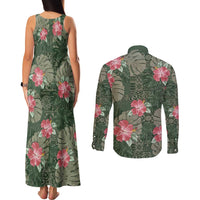 Hawaii Couples Matching Tank Maxi Dress and Long Sleeve Button Shirt Green Polynesian Monstera Patterns - Polynesian Pride