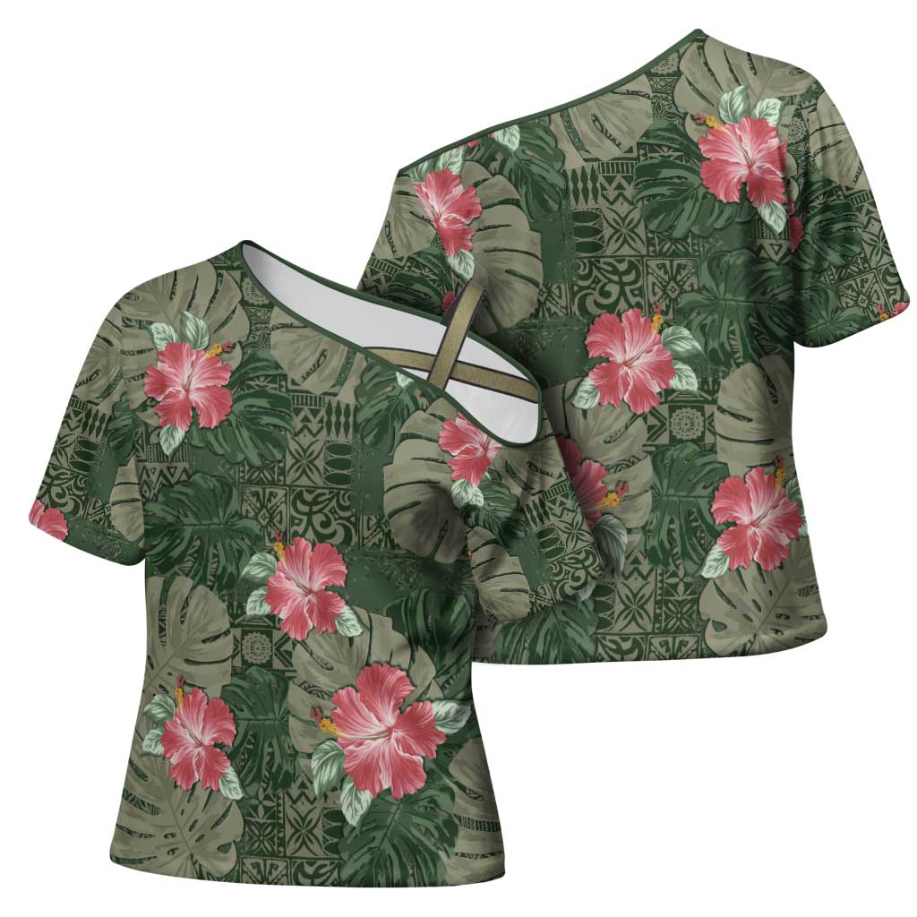 Hawaii Cross Shoulder Shirt Green Polynesian Monstera Patterns - Polynesian Pride