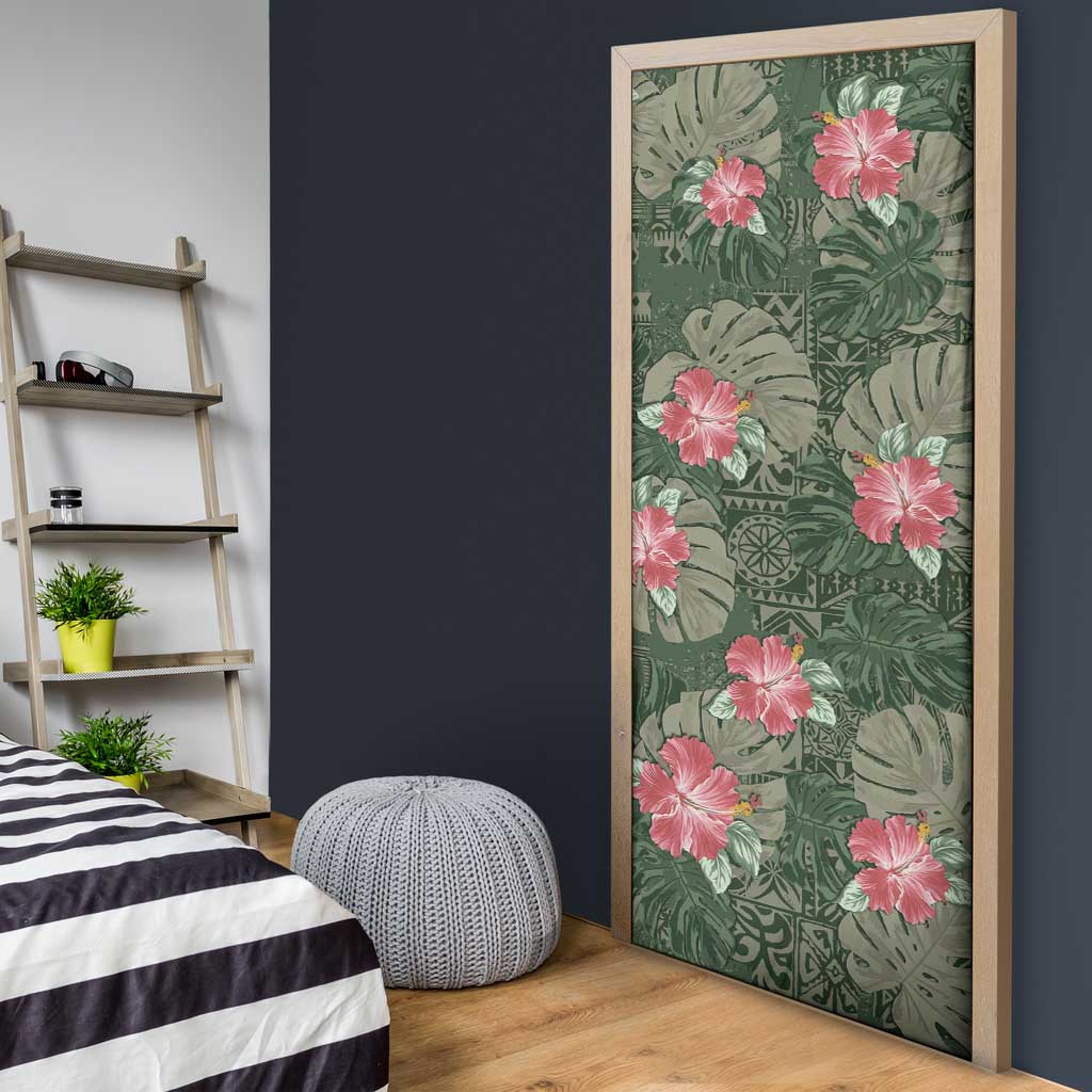 Hawaii Door Cover Green Polynesian Monstera Patterns - Polynesian Pride