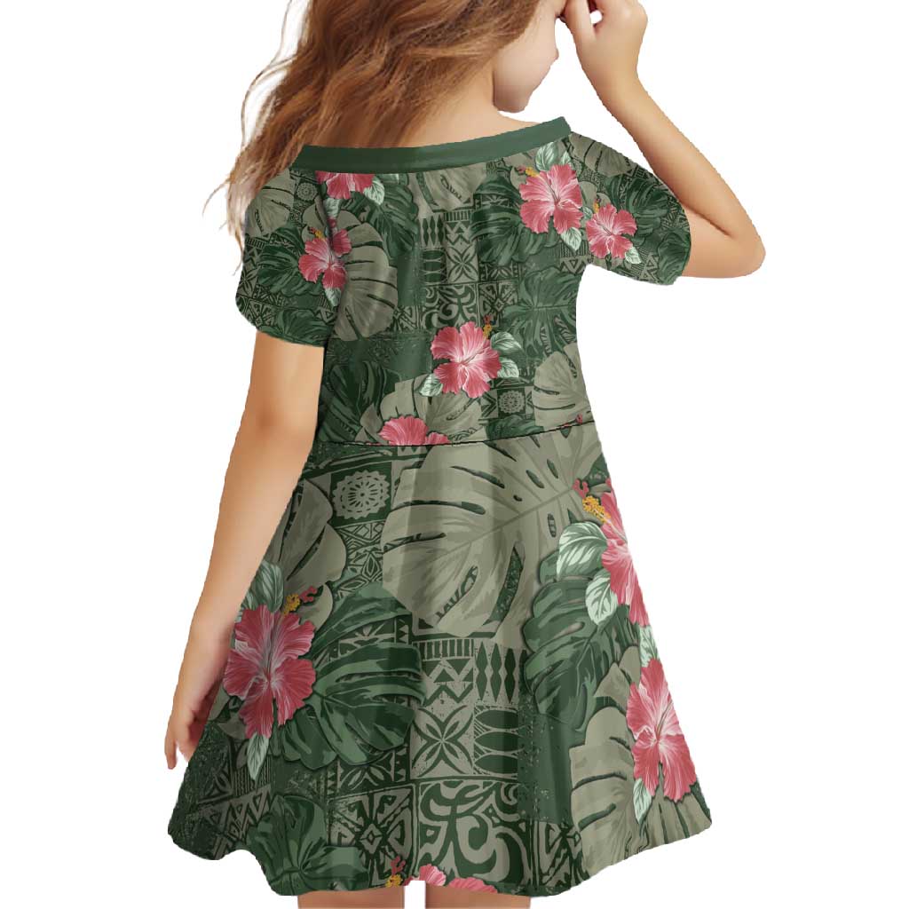 Hawaii Family Matching Long Sleeve Bodycon Dress and Hawaiian Shirt Green Polynesian Monstera Patterns - Polynesian Pride