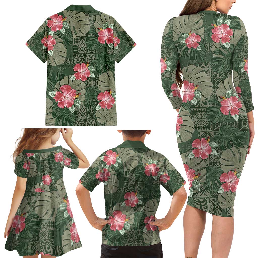 Hawaii Family Matching Long Sleeve Bodycon Dress and Hawaiian Shirt Green Polynesian Monstera Patterns - Polynesian Pride