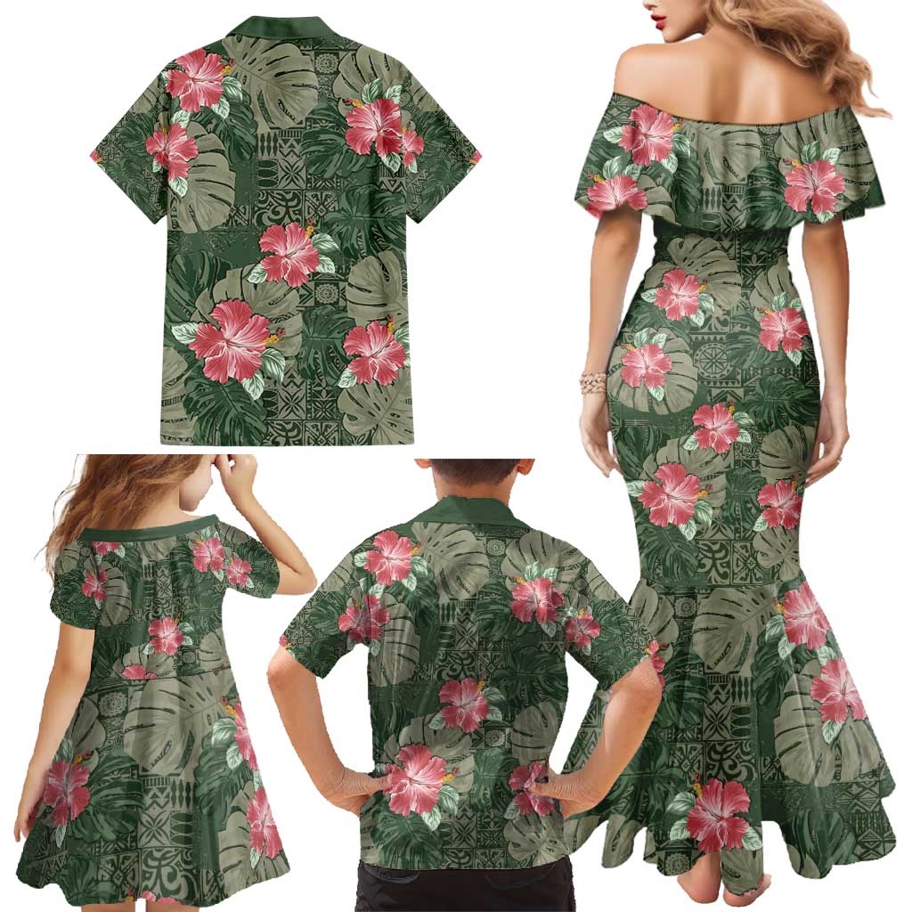 Hawaii Family Matching Mermaid Dress and Hawaiian Shirt Green Polynesian Monstera Patterns - Polynesian Pride