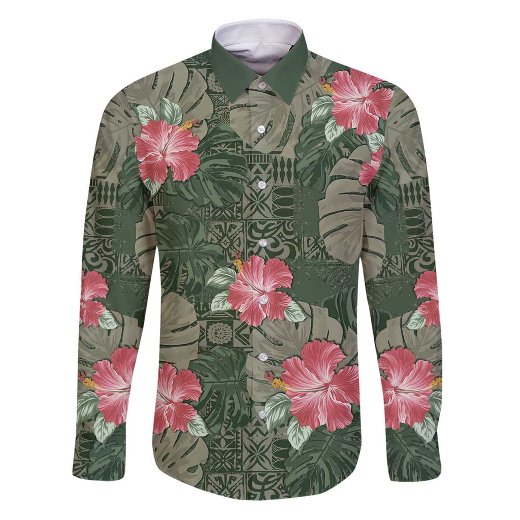 Hawaii Family Matching Puletasi and Hawaiian Shirt Green Polynesian Monstera Patterns DT05 Dad's Shirt - Long Sleeve Green - Polynesian Pride