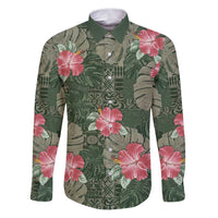 Hawaii Family Matching Puletasi and Hawaiian Shirt Green Polynesian Monstera Patterns DT05 Dad's Shirt - Long Sleeve Green - Polynesian Pride