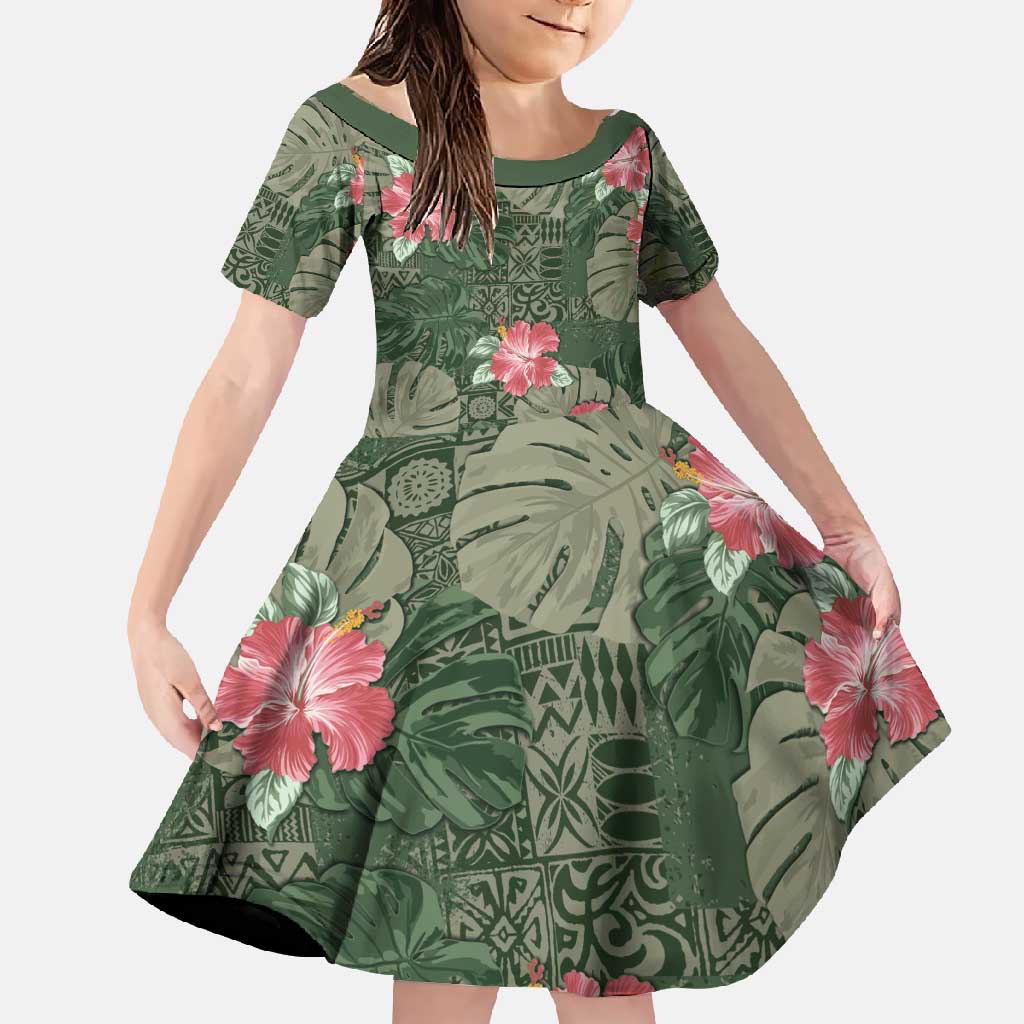 Hawaii Family Matching Short Sleeve Bodycon Dress and Hawaiian Shirt Green Polynesian Monstera Patterns - Polynesian Pride