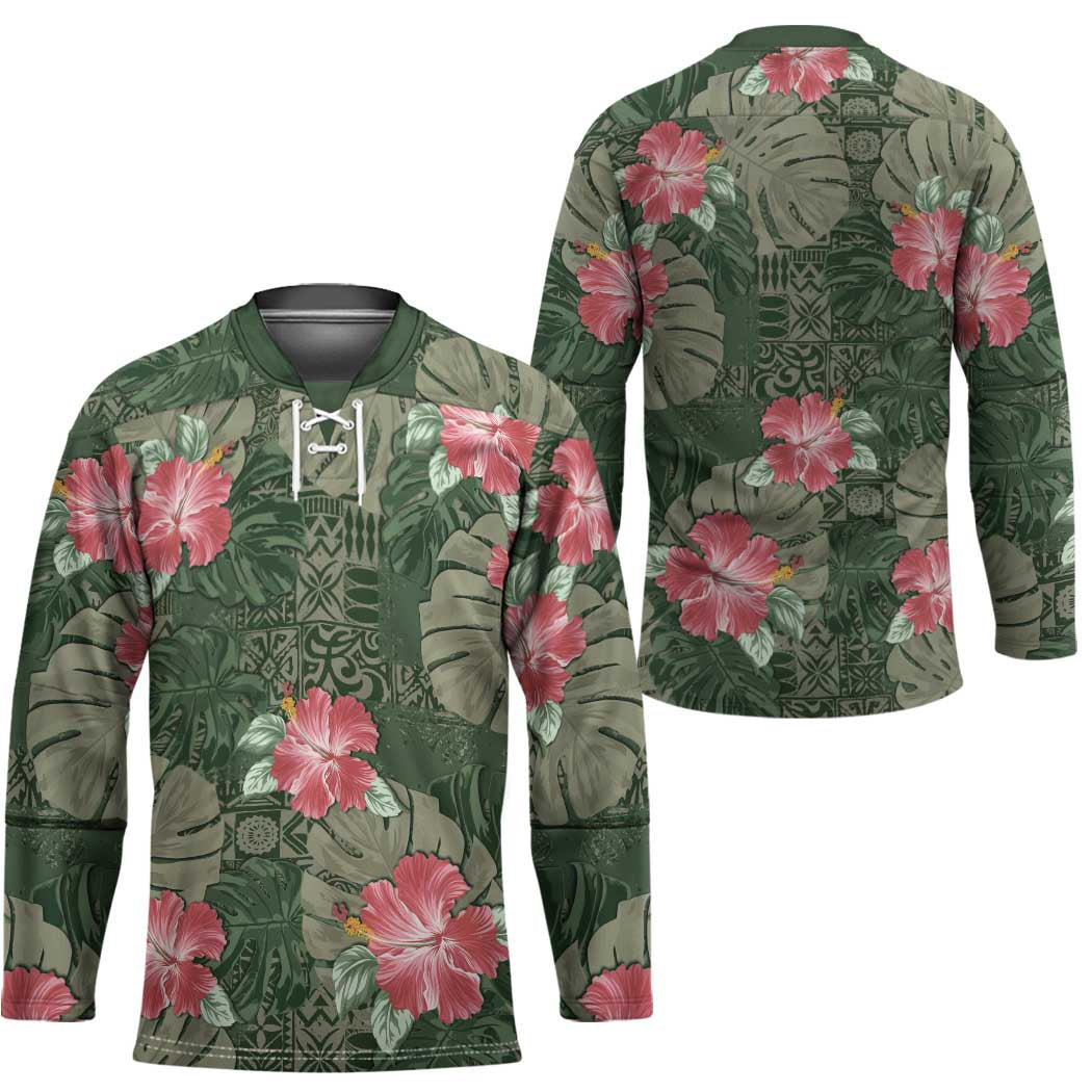 Hawaii Hockey Jersey Green Polynesian Monstera Patterns - Polynesian Pride