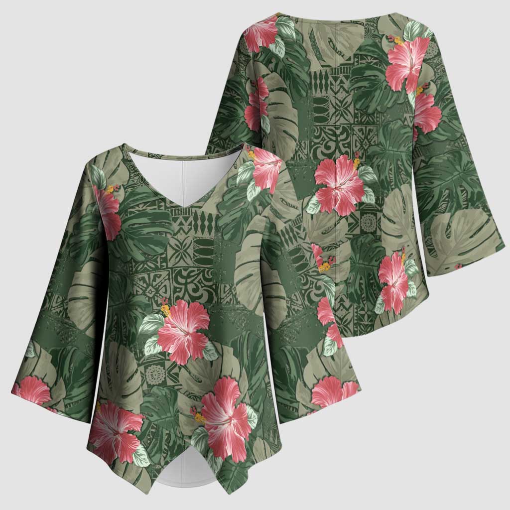 Hawaii Kimono Sleeve Blouse Green Polynesian Monstera Patterns - Polynesian Pride