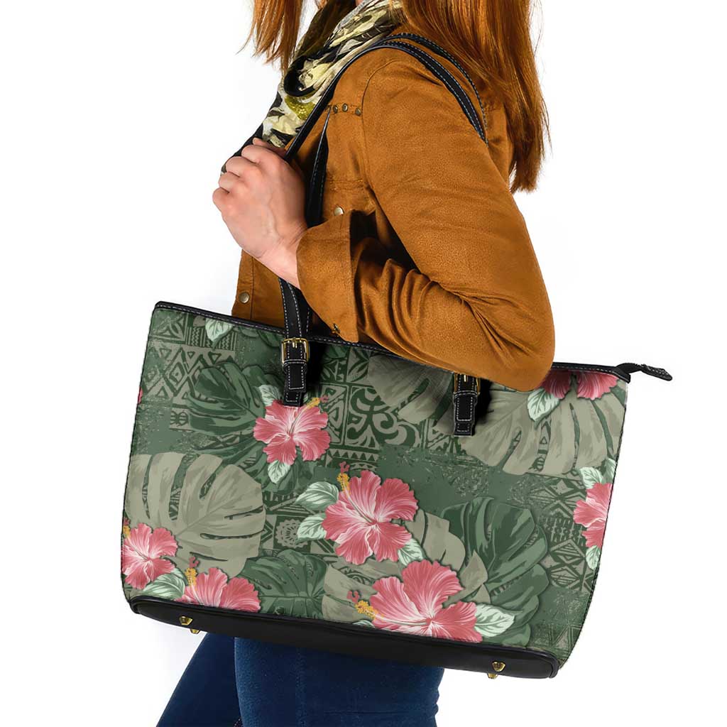 Hawaii Leather Tote Bag Green Polynesian Monstera Patterns DT05 Green - Polynesian Pride